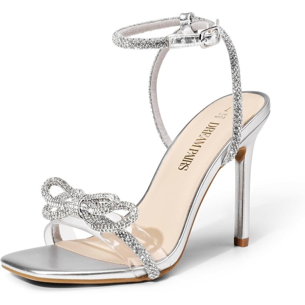 Women Silver Double Bowknots Crystal Sandals Clear Slingback Square Toe Heels